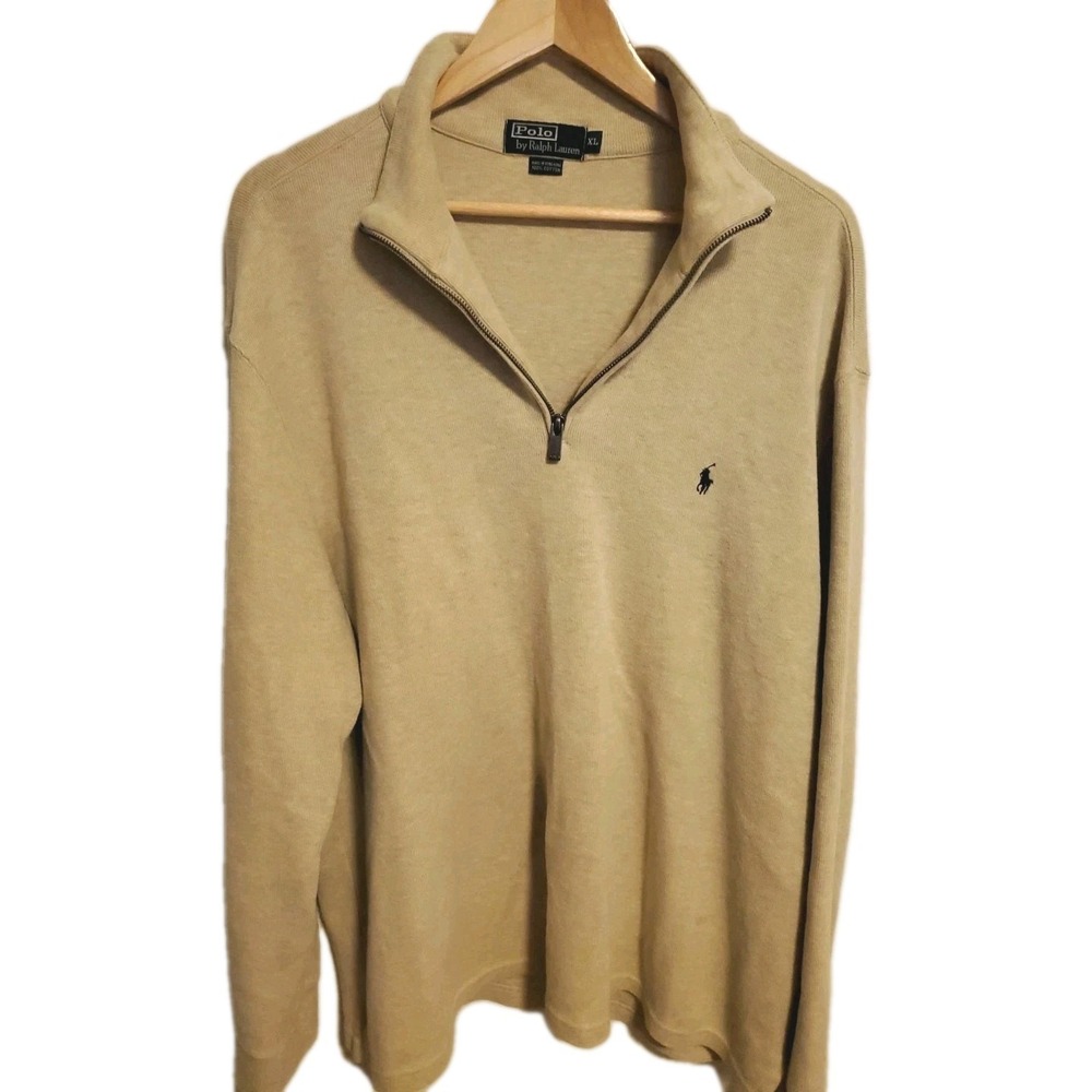 Polo Ralph Lauren 1/4 Zip‎ Beige Rib Cotton Sweater Mens XL Long Sleeve Logo